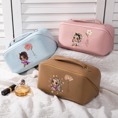 Personalized Leather Cartoon Fashion Girl Travel Makeup Bag, Custom Birth Flower & Name Hand-Held Leather Cosmetic Bag, Birthday/Christmas Gift for Her