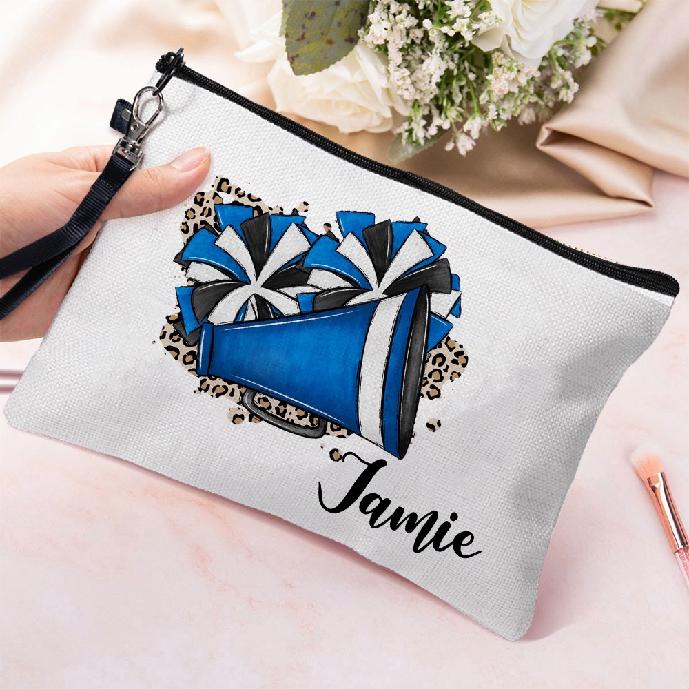 Personalized Name Cheerleading Cosmetic Bag, Linen Travel Makeup Pouch with Wrist Strap, Sports Accessory, Sports Gift for Cheerleading Women/Girls