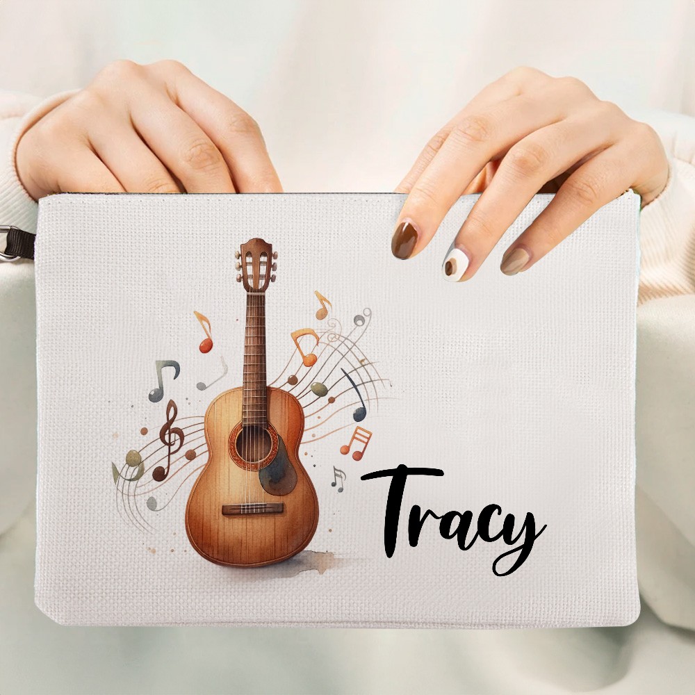 Custom Name Musical Instrument Cosmetic Bag, Linen Makeup Pouch with Wrist Strap, Performer Accessory, Gift for Music Lover/Musician/Pianist/Guitarist