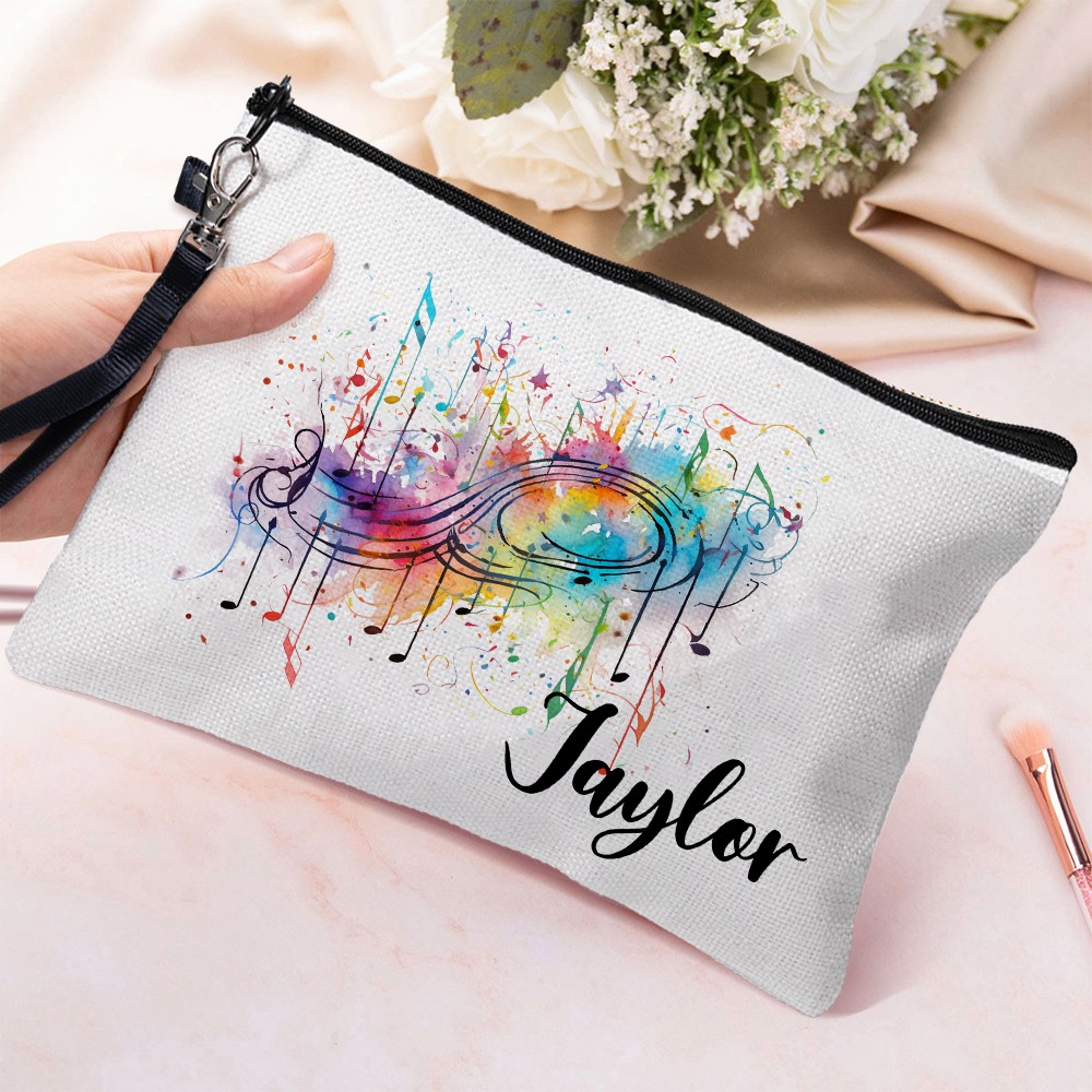 Personalized Name Colorful Music Note Cosmetic Bag, Linen Makeup Pouch with Wrist Strap, Performer Accessory, Gift for Musician/Music Lover/Conductor