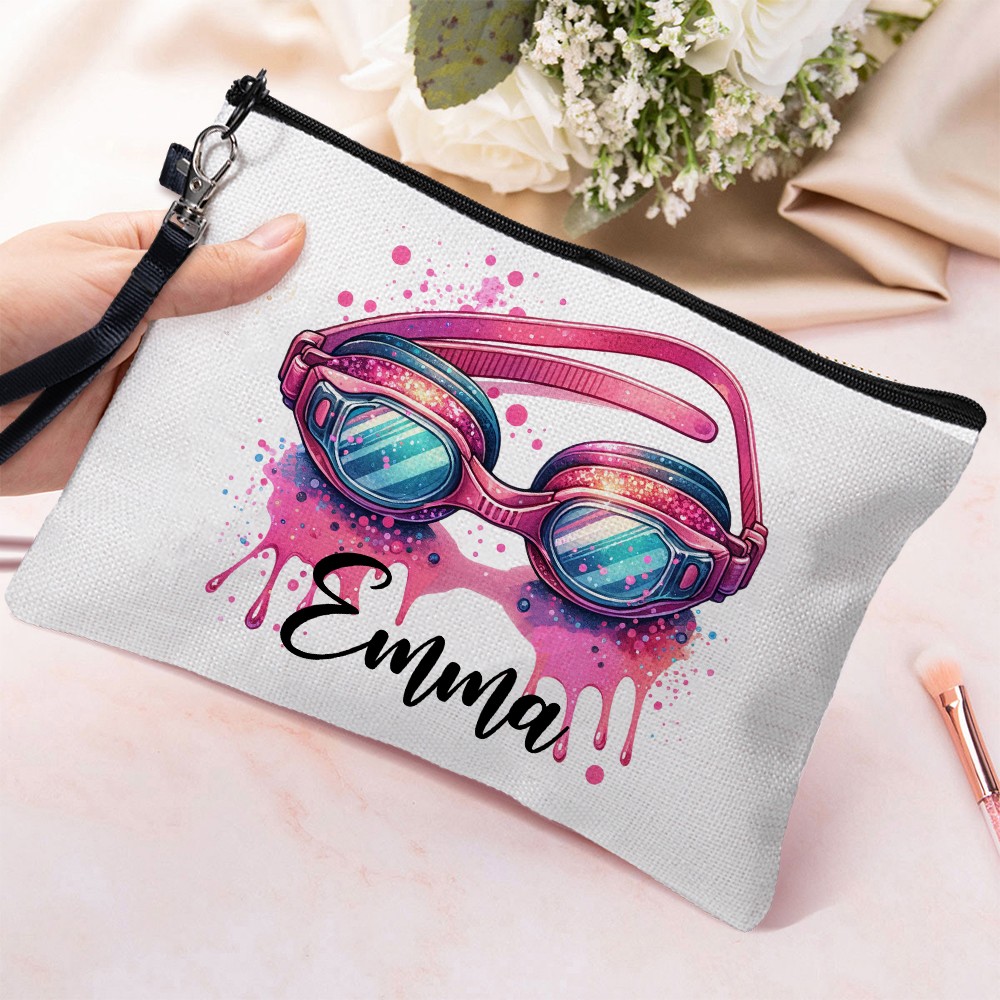 Custom Swimming Makeup Bag, Linen Travel Swimming Goggles Toiletry Pouch with Wrist Strap, Swimming Accessory, Sports Gift for Teammate/Coach/Swimmer
