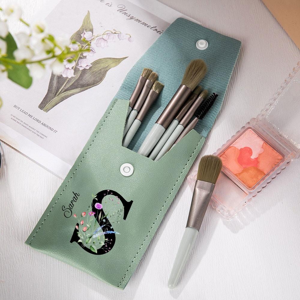 Personalized Leather Makeup Brush Bag with 8 Pcs Brushes, Custom Initial & Name Floral Cosmetic Bag, Birthday/Wedding Gift for Mom/Sister/Friend