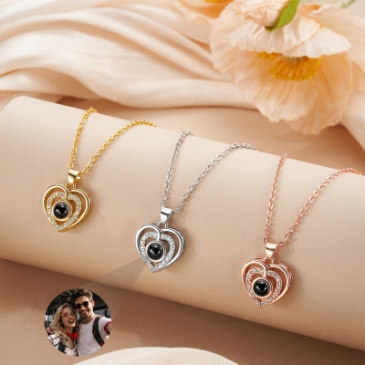 Custom Photo Heart Projection Necklace, Love Heart Pendant Necklace with Cubic Zirconia, Anniversary/Valentine's Day/Mother's Day Gift for Her/Mom
