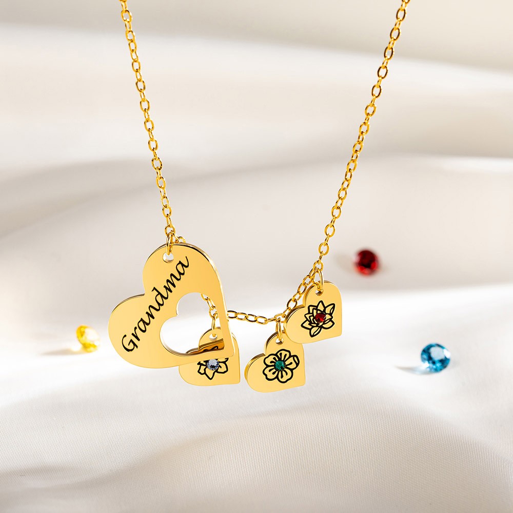 Personalized birth flower hollow heart necklace