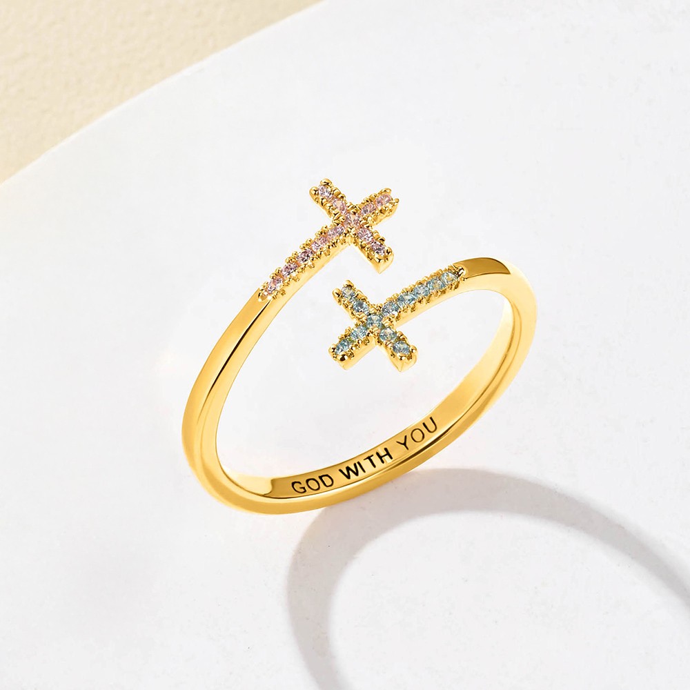 Custom double cross birthstone ring