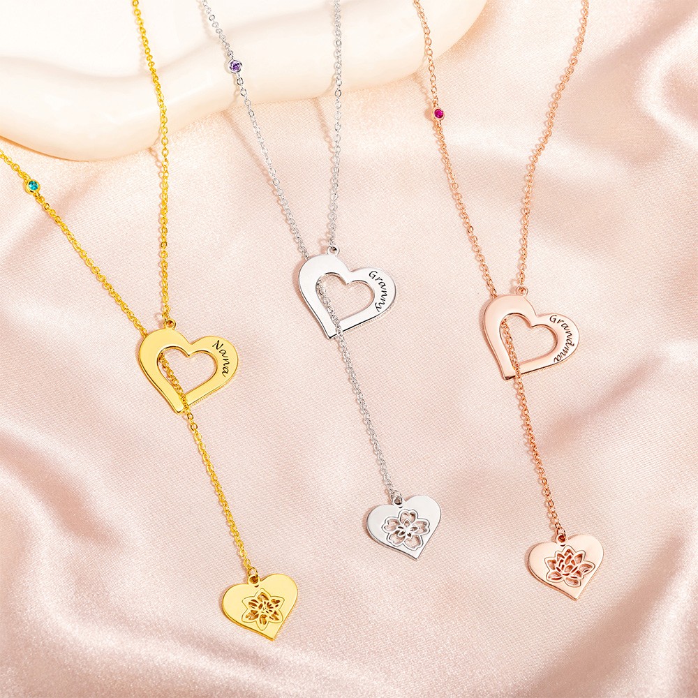 Personalized heart hollow birthstone necklace