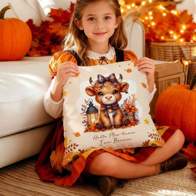 Personalised Name Autumn Highland Cow Pumpkins Soft Throw Pillow, Thanksgiving Pillow with Name, Thanksgiving Gift for Kid Woman, Home Decor