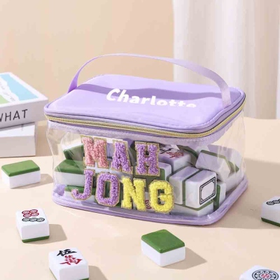 Personalized Towel Embroidered Letters Portable Mahjong Storage Bag, Customized Name Mahjong Bag, Transparent Waterproof Large Capacity Bag, A Gift for Mahjong Lovers