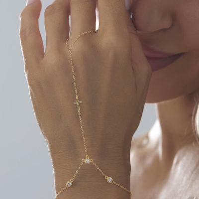 Personalized Birthstone Cross Hand Chain, Sterling Silver 925 Creative Finger Ring Connected Bracelet, European Fashion Hand Jewelry, Gift for Her