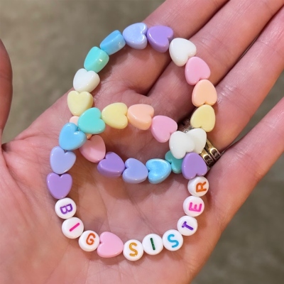 Personalized Rainbow Hearts Letter Bead Bracelet, Custom Name Colorful Girls Bracelet, Stretchy Bead Heart Bracelet, Birthday Gift for Kids/Toddlers