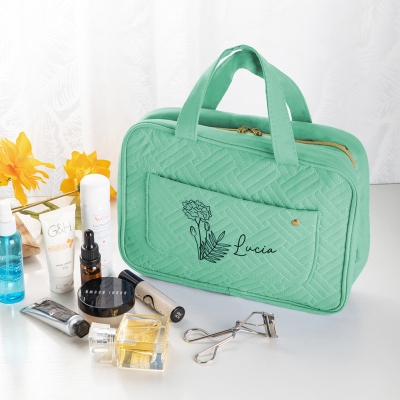 Personalized Name and Birth Flower Cosmetic Travel Bag, Foldable Make up Organizer, Makeup Bag, Hanging Toiletry Bag for Women, Weekender Bag