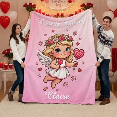 Personalized Name Valentine's Angel Pink Blanket, Flannel/Sherpa Throw for Bed Couch, Home Decor, Anniversary/Valentine's Day Gift for Couples