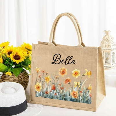 Custom Name Watercolor Birth Flower Tote Bag, Large Capacity Jute Bag, Burlap Beach Bag, Bridal Shower Favor, Birthday/Mother's Day Gift for Her/Mom