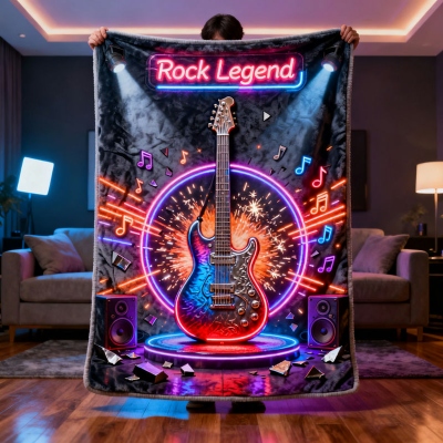 Gepersonaliseerde deken met neon gitaarrockmuziekthema en naam, flanellen/sherpa plaid voor bed of bank, woondecoratie, verjaardagscadeau voor kinderen/muziekliefhebbers