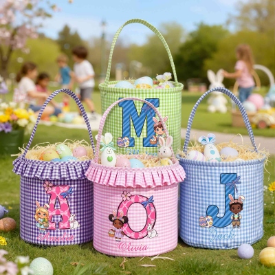 Personalisierter Osterkorb mit Cartoon-Motiv (Junge/Mädchen) im Vichy-Karo-Design mit Rüschen, mehrfarbige Ostertüte, Ostergeschenk für Kinder/Jungen/Mädchen