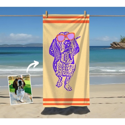 Anpassat strandhandduk med husdjursfoto och solglasögon, färgglad popkonst-snabbtorkande mikrofiberhandduk, semester-/strandfestgåva, present till hund-/kattälskare