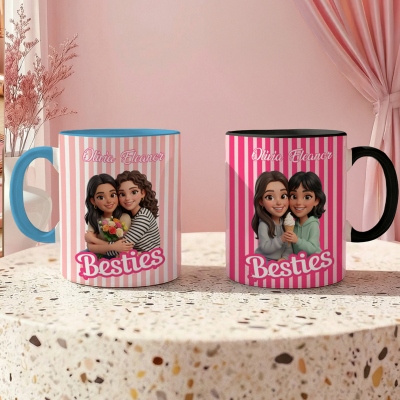 Personalisierter Foto- und Namens-Cartoon-Becher für beste Freundinnen, gestreift, 11oz/15oz zweifarbiger Keramik-Kaffeebecher mit Untersetzer, Freundschaftsbecher, Geschenk für beste Freundinnen/Schwestern/Freundinnen