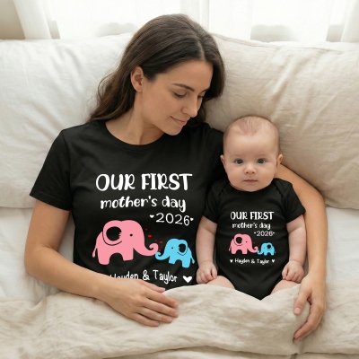 Personalized Animals/Pattern T-shirt and Baby Onesie, Our First Mother's Day Mom and Baby Set 100% Cotton, Holiday Party Gift for Newborn New Mom