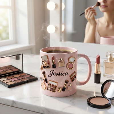 Personalized Makeup-Themed Mug with Name, 11/15oz Two Tone Ceramic 3D Cosmetic Coffee Mug with Handle, Birthday Gift for Her/Besties/Makeup Artists