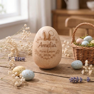 Personalized Engraved First Bunny Easter Egg with Name, Wooden Easter Basket Stuffer, Egg Hunt Favor, Newborn Keepsake, Easter Gift for Kids/Babies