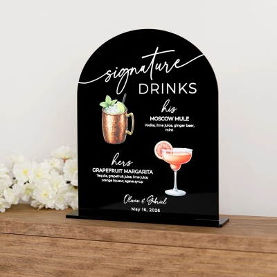 Personlig bågformad akrylskylt med signaturdrink för bröllopsbar, anpassad cocktailmeny med illustrationer, elegant mottagningsskylt i bar för par