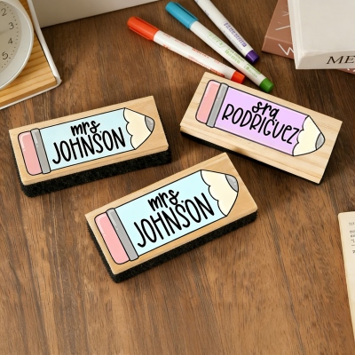 Custom Name Teacher Cartoon Pencil Chalkboard Eraser with Maker, Wooden Classroom Whiteboard Eraser Set, Appreciation/Back to School Gift for Teachers