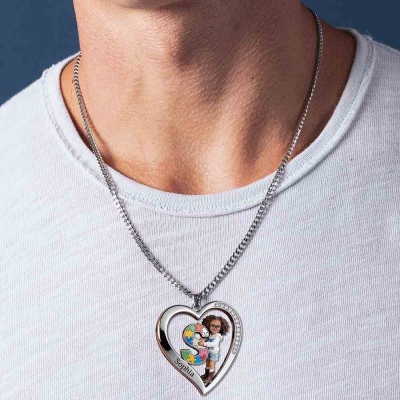 Personalized Photo Autism Awareness Heart Alphabet Necklace, Cartoon Puzzle Portrait Pendant, Anniversary/Birthday Gift for Autism Family/Kids/Parents