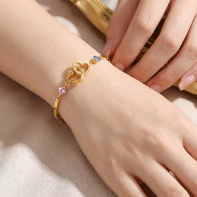 Personalisiertes Armband mit Geburtssteinen und ineinander verschlungenen Herzen für Mutter und Tochter, Sterlingsilber 925, Familienarmband, Geburtstags-/Muttertagsgeschenk für sie/Mama/Tochter