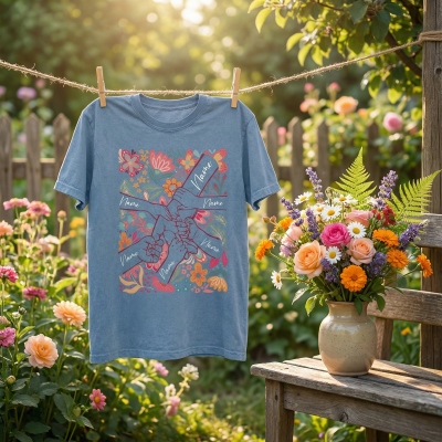 Personalisiertes Mutter-Tochter-T-Shirt mit 1-5 Namen, mehrfarbiges Rundhals-Top mit Blumenmuster, Geschenkidee zum Geburtstag oder Muttertag für Mama/Oma/Sie