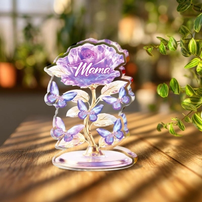 Personalisierte Rose- und Schmetterlingsplakette für Mama mit 1-5 Namen, romantisches Acryl-Familien-Erinnerungsstück, Schreibtischdekoration, Geburtstags-/Muttertagsgeschenk für Mama/Oma