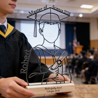 Sculpture de fin d'études personnalisée avec nom, motif linéaire, socle en bois gravé, souvenir minimaliste imprimé en 3D, décoration de bureau, cadeau pour les diplômés
