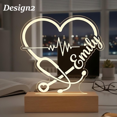 Custom Name Line Art Heart Stethoscope LED Night Light, Acrylic Night Lamp with Wooden Base, Appreciation/Graduation Gift for Nurses/Medical Staff