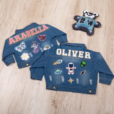 Personalized Chenille Letter Patch Jean Jacket, Custom Cute Icon Patch Toddler Denim Jacket, DIY Decoration, Birthday Gift for Boy/Girl/Kid
