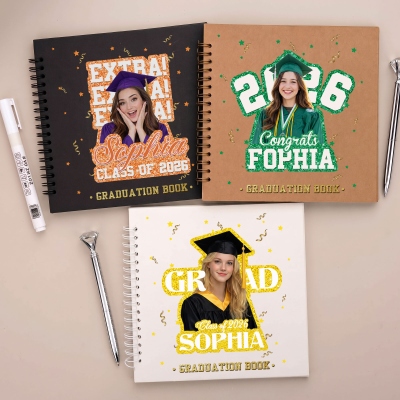 Custom Photo & Name Glitter Graduation Guestbook with Ballpoint Pen & Stickers, Class of 2026 Graduation DIY Photo Memory Book, Gift for Graduates