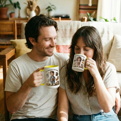 Gepersonaliseerde ochtendmok met cartoonprint van een lui jongetje en een lui meisje, 325 ml/445 ml, tweekleurige keramische koffie- en theekop met handvat, humoristisch verjaardagscadeau voor mannen/vrouwen