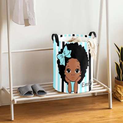 Custom Cute Black Girl Laundry Storage Basket with Name, Large Capacity Collapsible Clothes Hamper with Handles for Bathroom/Nursery, Gift for Girls