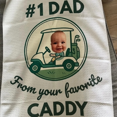 Gepersonaliseerde golfhanddoek met wafelstructuur en foto van een kind, inclusief naam, absorberende sporthanddoek met ophangclip, ideaal verjaardags- of vaderdagcadeau voor golfers/vaders/echtgenoten