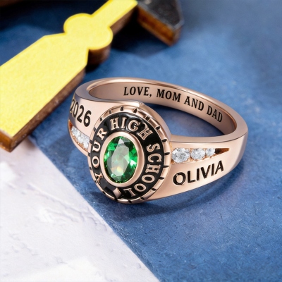 Custom Woman Birthstone School Class Ring with Engraved Text, High School University Graduation Ring, Graduation Gift for Class of 2026 Graduates