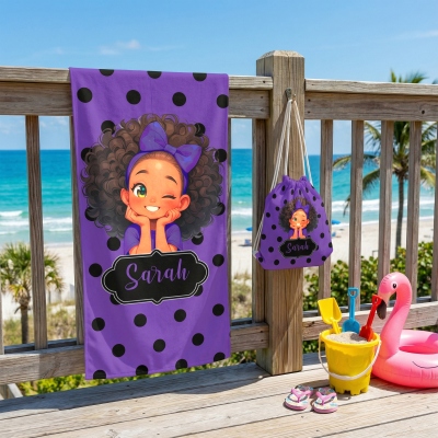 Custom Name Cartoon Black Girl Polka Dots Beach Towel with Rope, Quick Dry 2-in-1 Foldable Bath Towel Bag, Gift for African American Little Girls