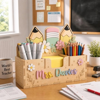 Stylos et porte-notes adhésifs personnalisés avec nom pour enseignants, organiseur de bureau en bois, décoration de salle de classe, cadeau de remerciement/d'anniversaire pour enseignants/éducateurs