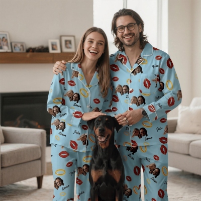 Anpassade familjeporträtt pyjamasset med namn, hund-/kattansiktsfoton, kort lång pyjamasset, årsdags-/födelsedagspresent till familj/djurälskare/ägare