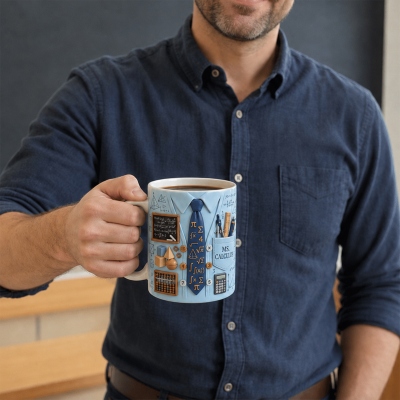 Custom 3D Suit Tie Math Teacher Mug with Name, 11/15oz Two Tone Ceramic Coffee Tea Mug, Appreciation/Back to School Gift for Professors/Instructors