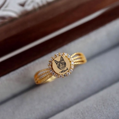 Personlig ring med halsband för husdjursporträtt och namn, sterlingsilver 925, fin ring med skiss av katt/hund, smycken för husdjur, present till husdjursmamma/ägare/kvinnor