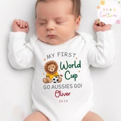 Personalized My First World Cup Lion Bodysuit/Sleepsuit/T-Shirt, Custom Soft Cotton Infant Outfit with Slogan/Name/Year, Baby Shower/Game Day for Baby
