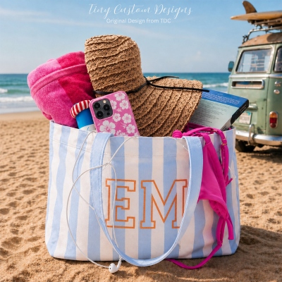 Personalisierte, gestreifte Tragetasche mit Monogramm, leichte Schultertasche aus Baumwolle, Reiseaccessoire, Hochzeits-/Strandgeschenk für Bräute/beste Freundinnen