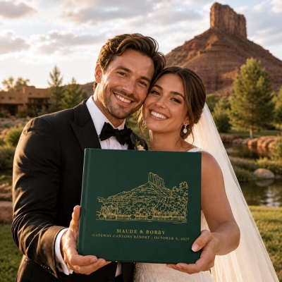 Gastenboek met een schets van de trouwlocatie, inclusief namen en datum. Elegant, met lijntekeningen van de namen van het bruidspaar. Een perfect cadeau voor pasgetrouwden/koppels.
