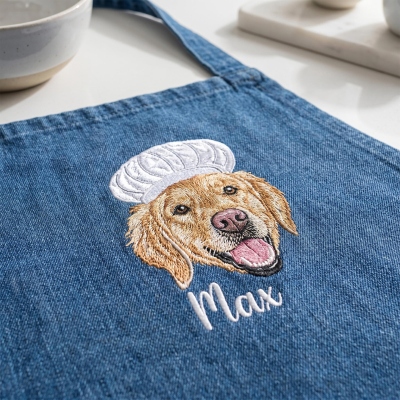 Custom Embroidered Pet Portrait Chef Hat Apron with Name, Unisex Stain-Resistant Cooking Kitchen Apron with Front Pocket, Gift for Pet Owners/Family