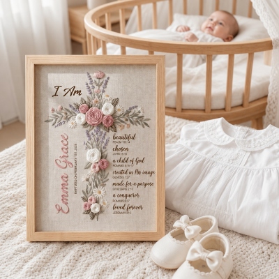 Gepersonaliseerd geborduurd bloemenkruis doopframe met naam en datum, houten wanddecoratie met linnenstructuur, kraamcadeau voor pasgeborene/familie/kinderen
