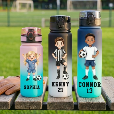 Personalized Kid Photo Cartoon Character Soccer Water Bottle with Name, Leakproof Gradient Frosted Training Drink Jug, Back to School Gift for Kids