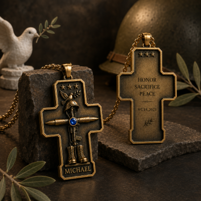 Personalized Military Memorial Cross Necklace with Name & Birthstone, Fallen Soldier Tribute Keepsake Jewelry, Gift for Military Families/Veterans